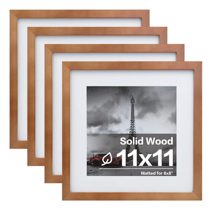Egofine 11x11 Picture Frames 4 Pack Covered by Plexiglass, Display Pictures 8x8 with Mat or 11x11 Without Mat Made of Solid Wood for Table Top Display and Wall Mounting Photo Frame, Light Brown