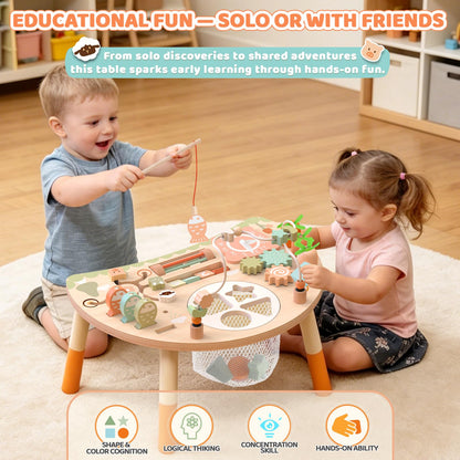 Hewaurorion Wooden Activity Table for Toddlers 1-3, 9 in 1 Montessori Sensory Table with Bead Maze Shape Sorter Fishing Game, Baby Activity Table Learning Toys for 1 2 3 Year Old Boys Girls