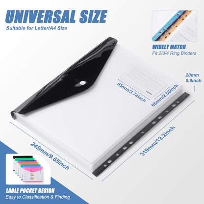 Binder Pocket Organizer Folders, 12 Pack Expandable Files Bag Plastic Envelopes Binder Folders with 11 Holes for 2/3/4 Ring Binder, Document Pouch with Snap Button and Label for School Office Home