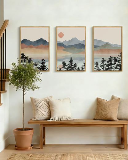 Drsoum Mountain Range Landscape Wall Art Framed Ink Wash Watercolor Nature Wall Decor Laker Sun Rises Prints Bedroom Living Room Ready to Hang 16x24in Natural Framed