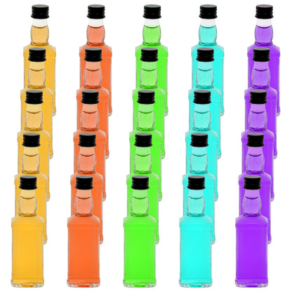 eispap 25 Pcs Square Mini Glass Liquor Bottles with Lids Small Glass Wine Bottles Reusable Empty Alcohol with Aluminum Black Screw Cap (25 Pcs 1.7 OZ Glass Bottles)