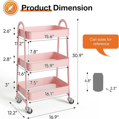 NEWBULIG 3-Tier Metal Rolling Cart with Lockable Wheels, Heavy Duty Mobile Utility Storage Shelf, Roller Book Snack Cart, Organization for Livingroom, Bathroom, Office, Pink