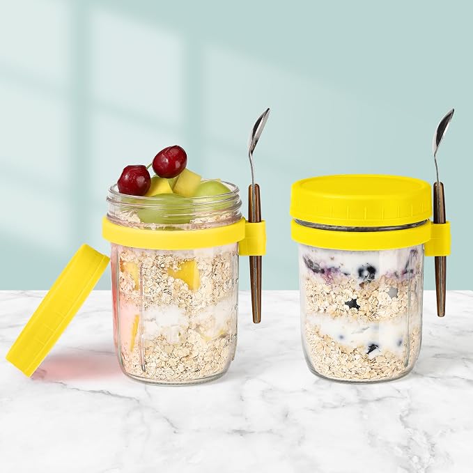 16oz Glass Mason Overnight Oats Jars, Cereal, Yogurt, Salad Lunch,Glass Overnight Oats Containers with Lids and Spoon, Container with Measurement Marks - (Yellow-2Pcs)
