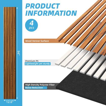 Art3d 4-Piece 94 x 12.6 Inch Acoustic Lightweight Slat Wall Panel - Waterproof Wood Textured Wainscoting Panel of 33 Sq.Ft for Bedroom, Home Theater Office Accent Wall, Teak