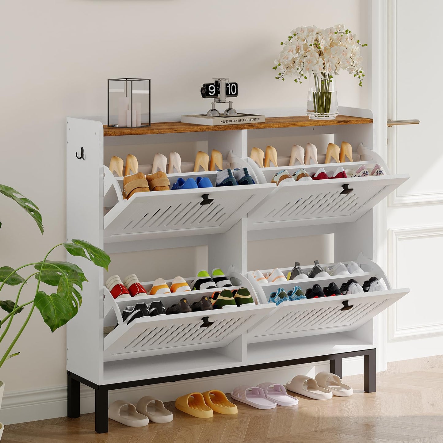 Garvee Shoe Cabinet with 4 Flip Drawers, Freestanding Shoe Organizer with Adjustable Shelves & Sturdy Legs, Narrow Wooden Shoe Rack for Entryway, Hallway, Living Room, White