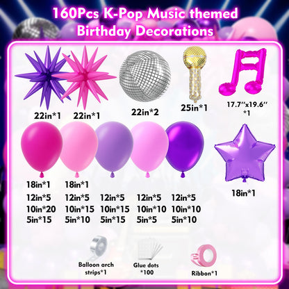 PTGOLUO K-Pop Music themed Birthday Decorations 160Pcs, Hot Pink Metallic Purple Balloon Garland Arch Kit with Disco Notes Star Foil Balloons for Girls Fans Birthday Grad Prom Princess Party Decor