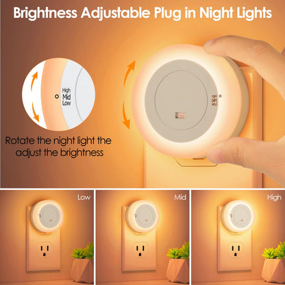 FOLKSMATE LED Night Lights Plug in, Dimmable Nightlight Plug Into Wall with Light Sensor, Soft White Adjustable for Adults, Bedroom, Bathroom, 2-Pack