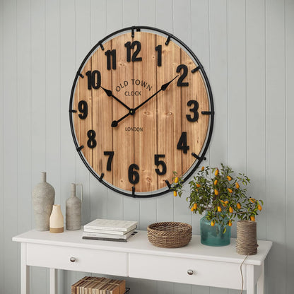 MICWIC 20 Inch Farmhouse Wall Clock Large Old Town Vintage Rustic Wooden Clock with Metal Rim and Large Numerals, Silent Battery-Operated for Office, Kitchen, Bedroom, and Living Room