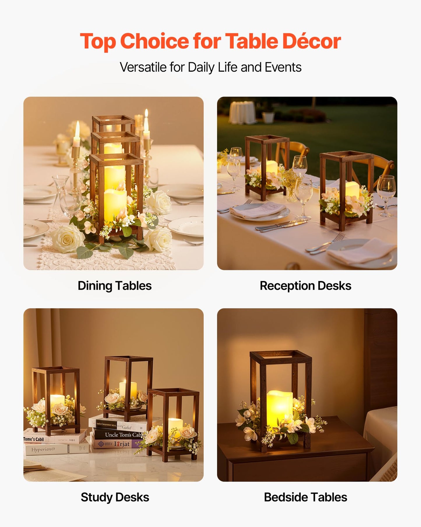 VEVOR 10 Set/30 Pcs Wooden Wedding Lantern Centerpiece, Includes 10 Wooden Lantern Candle Holder 10 Flameless LED Candle 10 Champagne Flower Wreath for Wedding Table Party Farmhouse Decor, Brown