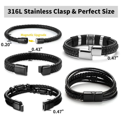 LOWNOUR Black Leather Bracelets for Men Women 5pcs Mens Bracelet Leather and Steel Braided Cuff Bracelets (7.5inch)