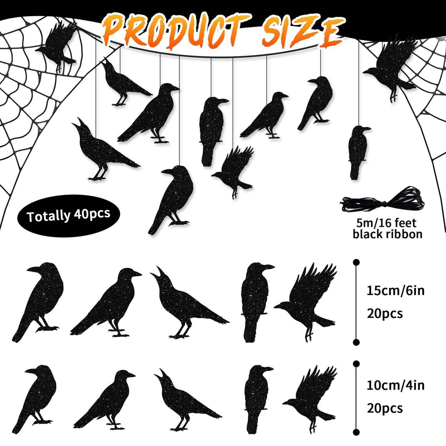 40pcs Glitter Black Crow Halloween Decorations Bird Raven Hanging Banners for Gothic Halloween Garland Backdrop Centerpiece Wall Cutouts for Horror Theme Birthday Wedding Yard Party Supplies