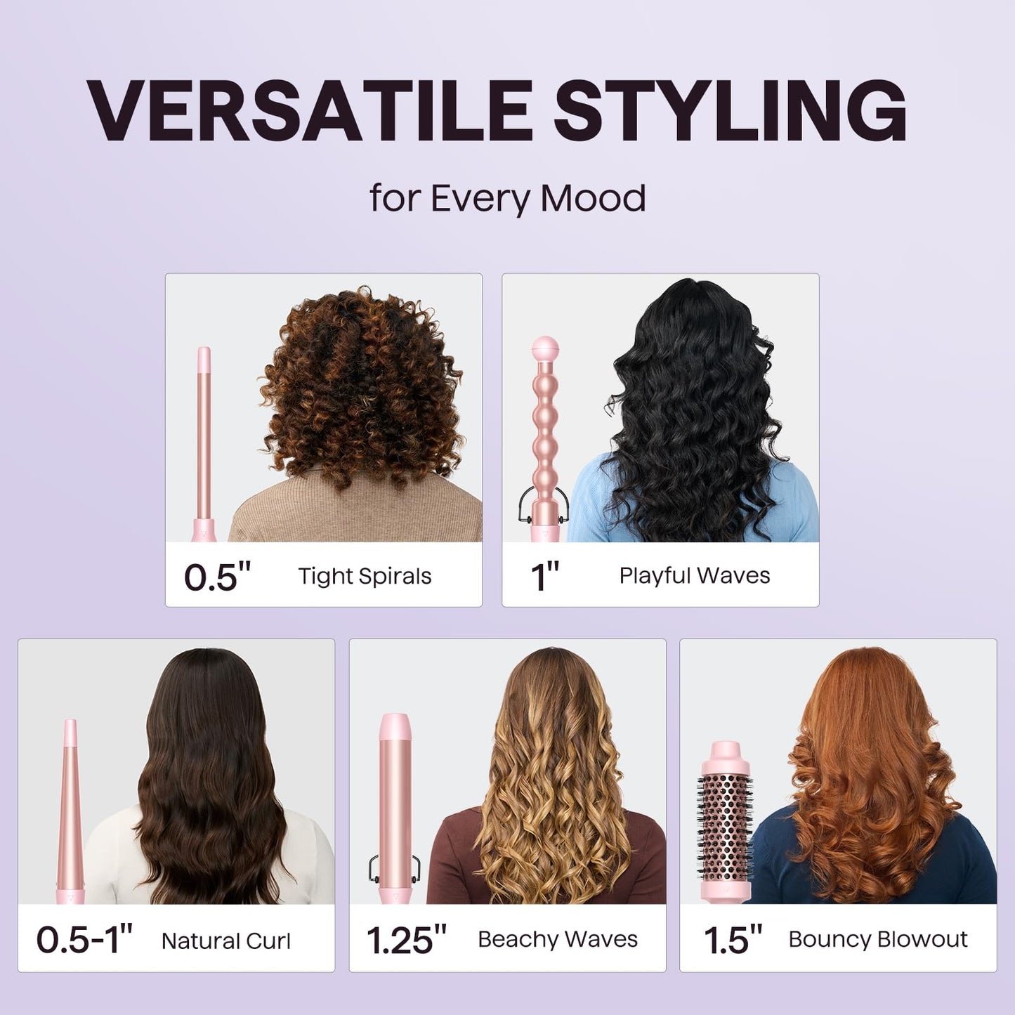 Wavytalk 5 in 1 Curling Iron,Curling Iron Set with Heated Round Brush and 4 Interchangeable Ceramic Curling Wand(0.5”-1.25"), Instant Heat Up,Dual Voltage Hair Curler