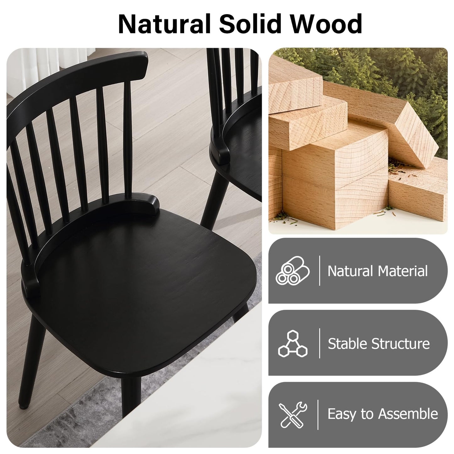 WOOW DEPOT Black Dining Chairs Set of 2, Farmhouse Windsor Spindle Back