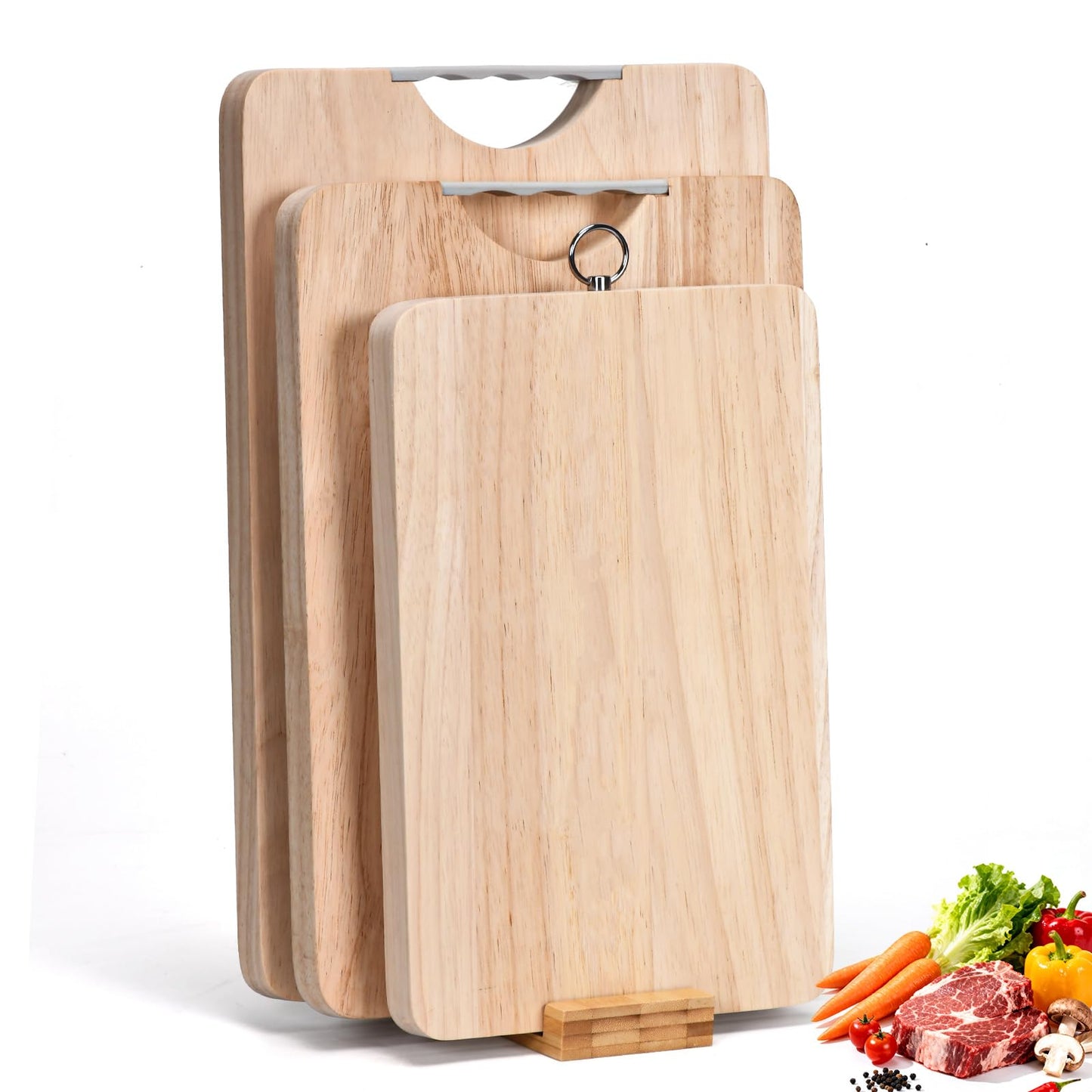 YeadCedle Wooden Cutting Board Set of 3 with Holder Maple Chopping Boards for Kitchen, Thick Large Cutting Board (12x7.8 to 15x9.8 Inch) Easy to Clean for Meat Vegetables Cheese