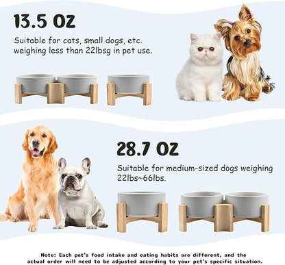 SPUNKYJUNKY 15° Slanted Ceramic Dog and Cat Bowl with Wooden Stand, Tilted Bulldog Food and Water Bowl No Slip Non-Spill for Cats Medium Dogs Big Face Pets 13.5 OZ (1.7 Cups, Grey × 2)
