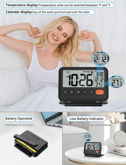 MeesMeek Digital Travel Alarm Clock, Black, 3.54 inch LCD Display, 9-Minute Snooze, 2 Volume Levels, Backlight, Battery Included