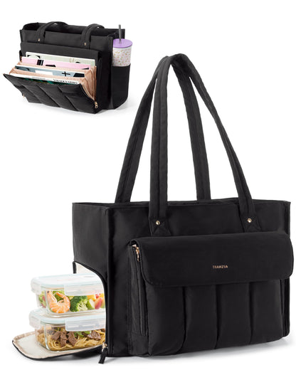 Trahzia Teacher Tote Bag with Lunch Compartment and Accordion Organizer, Insulated Work Lunch Bag Fits for 15.6” Laptop for Women, Black