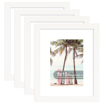 Hongkee 8x10 Picture Frame (4 Pack, White) Made of Real Glass and Wooden Frame - Display Pictures 5x7 with Mat or 8x10 Without Mat, 8 by 10 Photo Frames TableTop Display and Wall Mounting