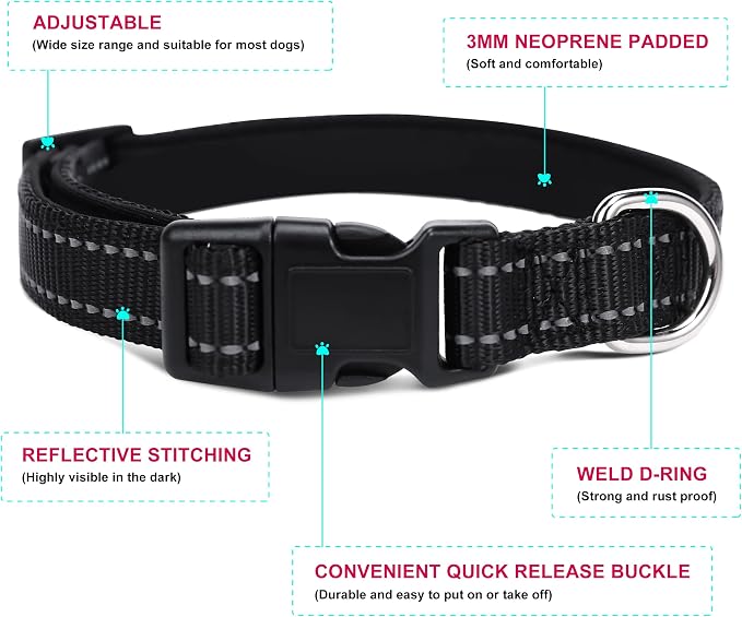 Soft Neoprene Padded Dog Collar and Leash Set for Small Medium Large Dogs, Reflective Durable Nylon Dog Collar with 5ft Leash Easy for Walking, Black,Neck fit 12.5-19.5’’