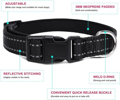 Soft Neoprene Padded Dog Collar and Leash Set for Small Medium Large Dogs, Reflective Durable Nylon Dog Collar with 5ft Leash Easy for Walking, Black,Neck fit 10.5-15.5’’