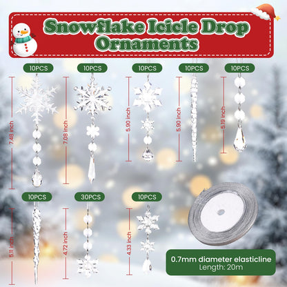 100 Pcs Christmas Tree Decoration Crystal Ornaments Hanging Snowflake Icicle Drop Crystal Christmas Ornaments for Tree Winter Wonderland Party Supplies