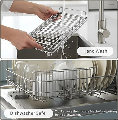Collapsible Dish Drying Rack, 304 Stainless Steel Foldable Dish Rack with Drying Mat, 15.8" x 12.7" Space Saving Countertop Organizer for Small Kitchen, Dorm and Apartment, Silver