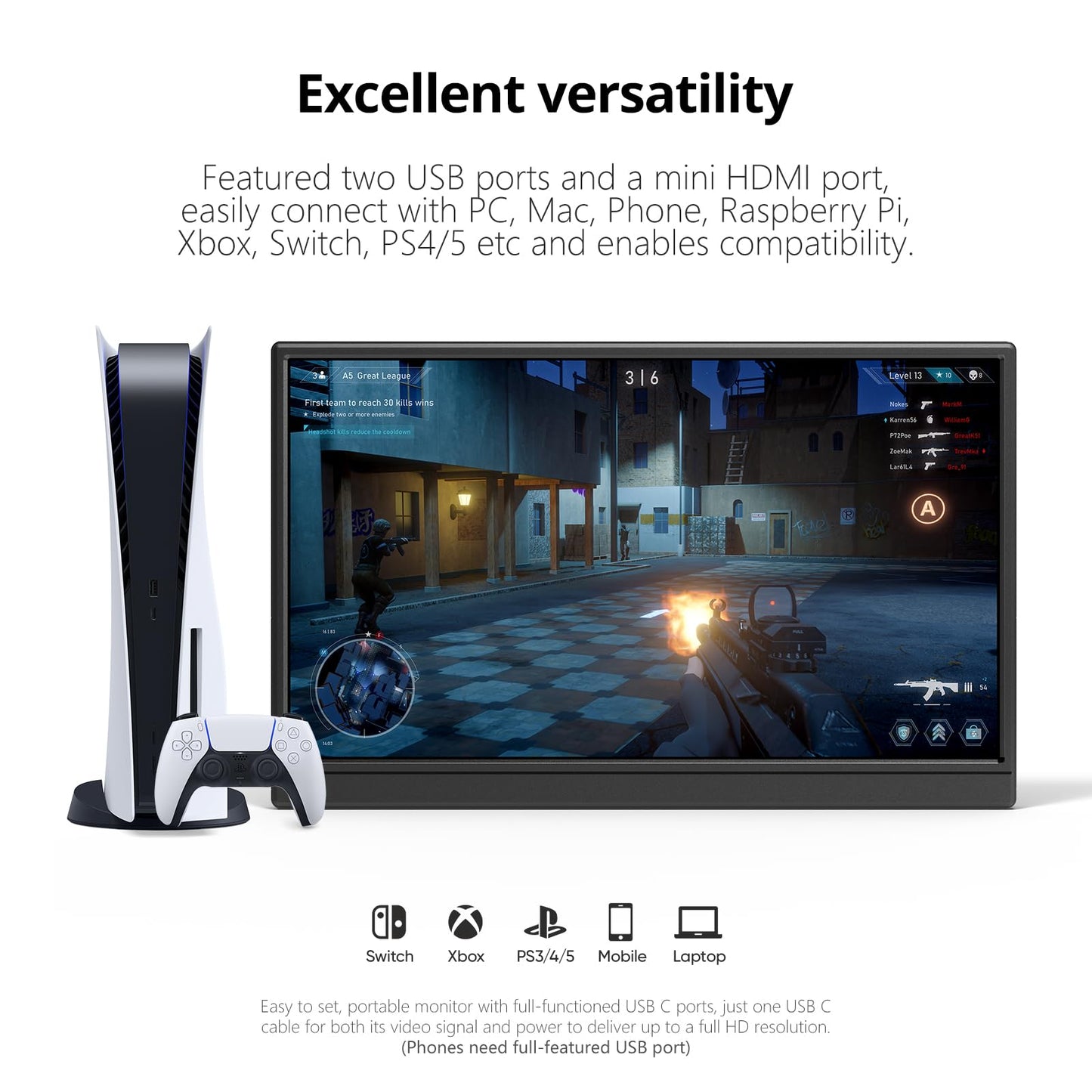 Anyuse Portable Monitor for Laptop 15.6 Inch 1080P USBC-C HDMI Ultra-Slim Travel Monitor with Kickstand, Second External Monitor for Laptop,PC,Mac Phone,PS,Xbox,Swich, black, PM-156P1