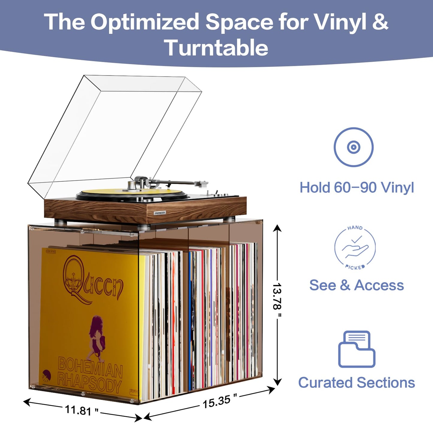Bikoney Vinyl Record Storage,Stackable Cube Acrylic Vinyl Record Holder,Tabletop Record Player Stand,Vinyl Holder & Album Storage Box Crate Bin, Warm Amber