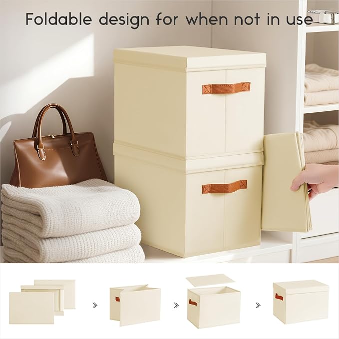 Homsorout Storage Bins with Lids - Large Fabric Closet Bins with Lid, 8 Pack Clothes Organizers and Storage, Collapsible Stackable Cube Basket for Home, Office, Dorm, Beige