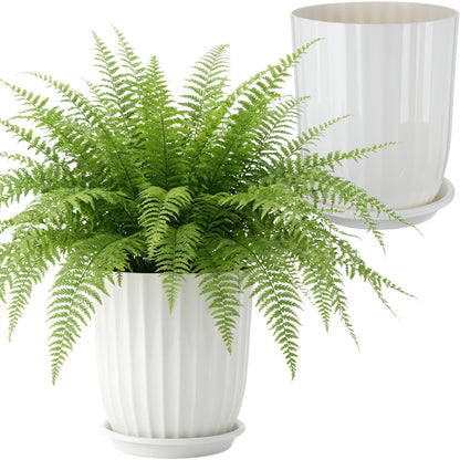 Briwooody 2 Pcs Tall Planter 12.6" Large Round Plastic Plant Pots with Drainage Hole and Tray White Modern Planter for Indoor Outdoor Plants Home Office Kitchen Bedroom Living Room Porch Patio Decor