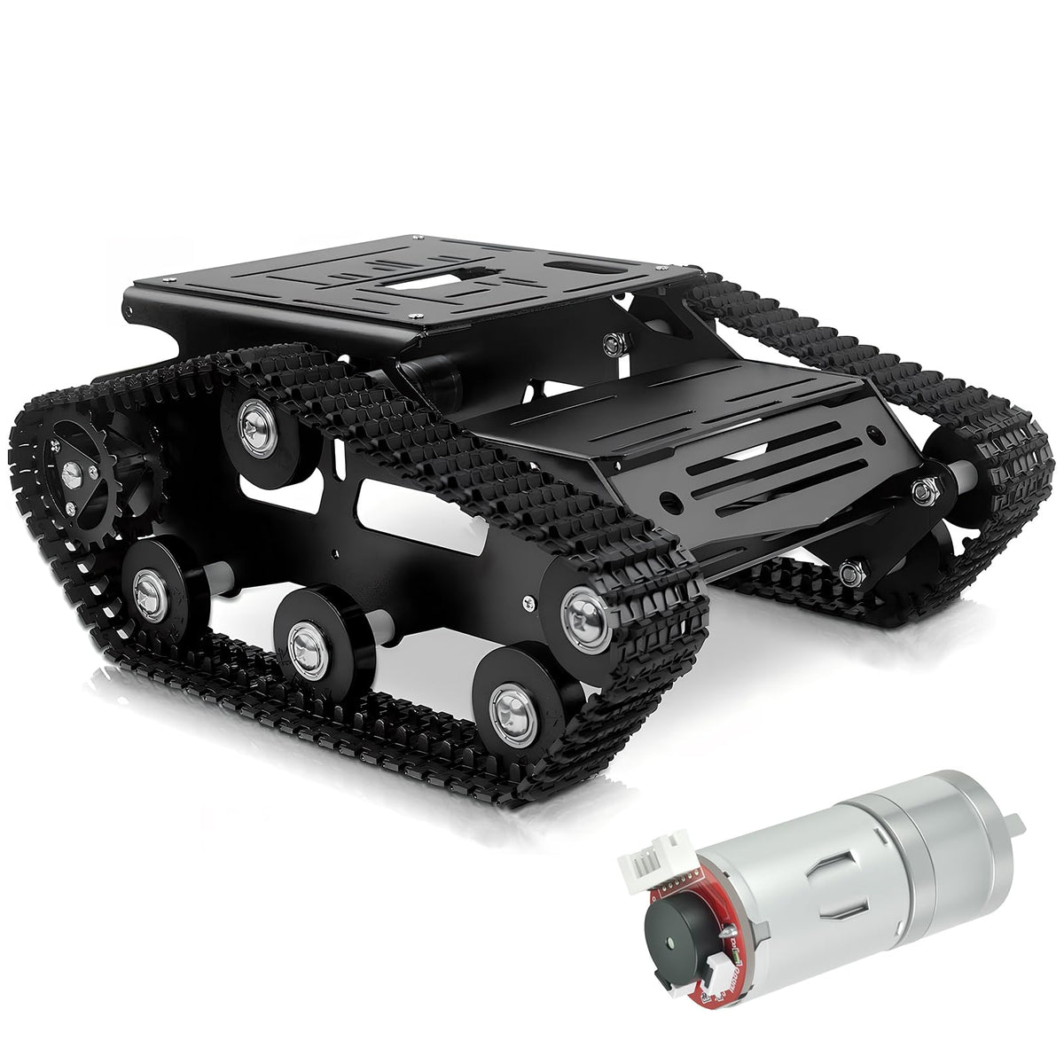 XiaoR Geek Smart Robot Car Chassis Kit Full Metal Big Tank Chassis with 2WD Motors for Arduino Raspberry Pi Jetson Python DIY Smart Car Learning Kit (Black, with Encoder Motor)