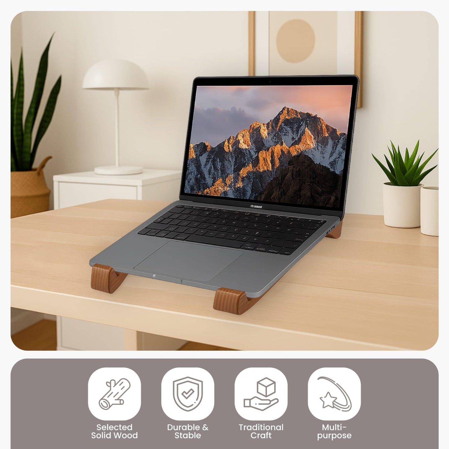 Fida Horeca Wooden Laptop Stand | Ergonomic Laptop Riser | Handcrafted from American Pine Wood | Walnut Finish | 9.84 x 1.57 x 2.76 in | Home, Office & Studio Use