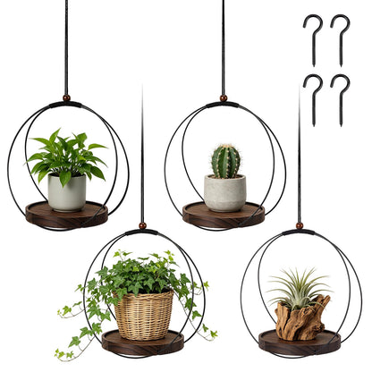 peacoblue 4 Pack Hanging Planters for Indoor Plant Hanger with Sturdy Round Wood Base, Black Metal and Hanging Potted Plant Holders for Wall Ceiling Window Planter Display(Plants/Pots Not Included)