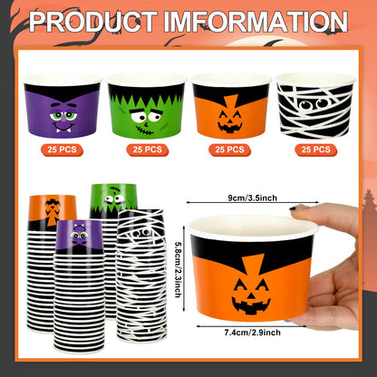 AnyDesign Halloween Treat Cups 100 Pcs 6.5 oz Disposable Paper Bowls in 4 Styles Pumpkin Mummy Vampire Monster Funny Character Soup Cups for Hot Cold Drinks Party Supplies