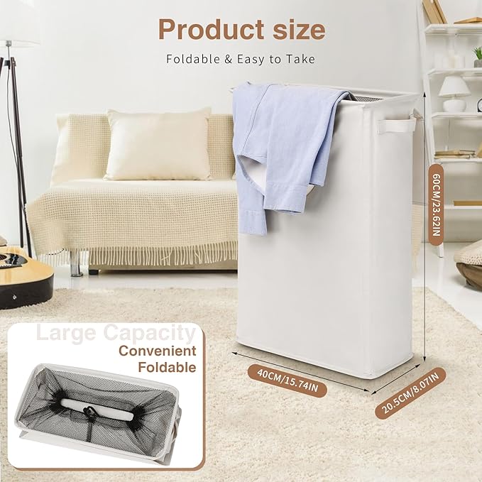 Slim Laundry Basket with Lid and Handles, Foldable Laundry Basket