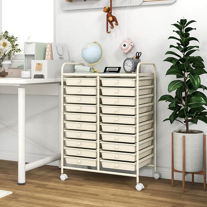 COSTWAY 20-Drawer Rolling Storage Cart, Utility Storage Organizer Cart for Tools, Scrapbook, Paper, Craft, Multipurpose Storage Trolley on Wheels for Home Office School, Ivory White