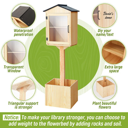 Wonderjune Little Library Box Outdoor with Floor Plugs & Flower Fence, Durable Weatherproof Solid Wood Book Exchange Box for Community, Literature, School Sharing Book(Natural Wood,Steepletop)