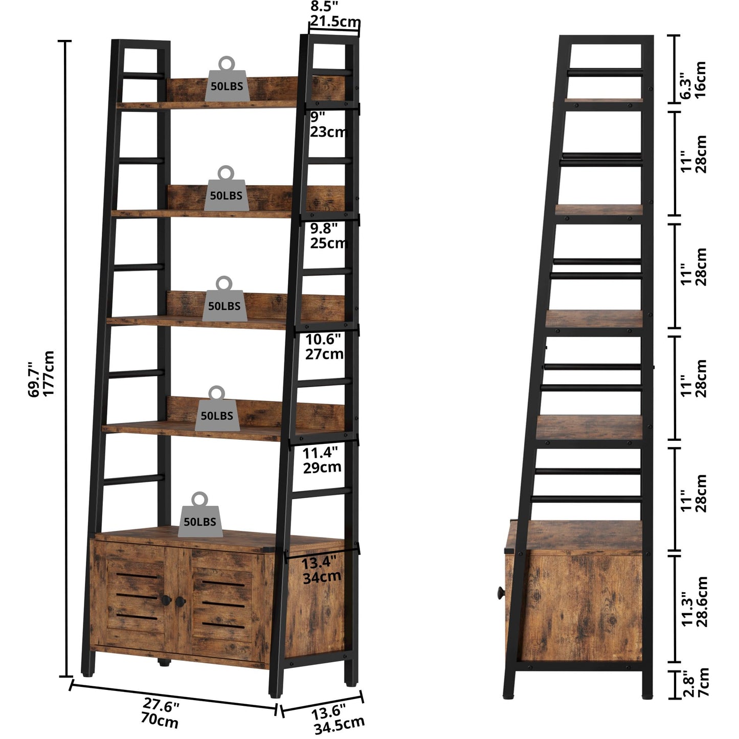 IRONCK Bookshelf with Louvered Doors, 4-Tier Ladder Shelf with Cabinet Industrial Accent Furniture for Bedroom Living Room Home Office, Rustic Brown