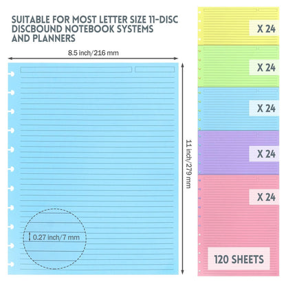 Discbound Refill Paper 120 Sheets, 8.5" x 11" Letter Size 11-Disc Planner Inserts for Note-Taking System, College Ruled, 5 Colors, 120gsm Refills Compatible with TUL/ARC/Notebook