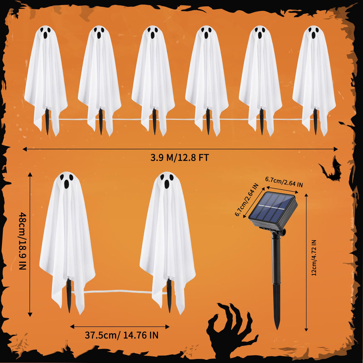 Halloween Decorations, 6 Pack 18.9'' High Solar Small Ghost String Stake Lights 12.8 FT, White Small Cloth Ghost Stakes with 8 Lighting Modes and Waterproof Outdoor Garden/Yard Path Lights, Clod Light