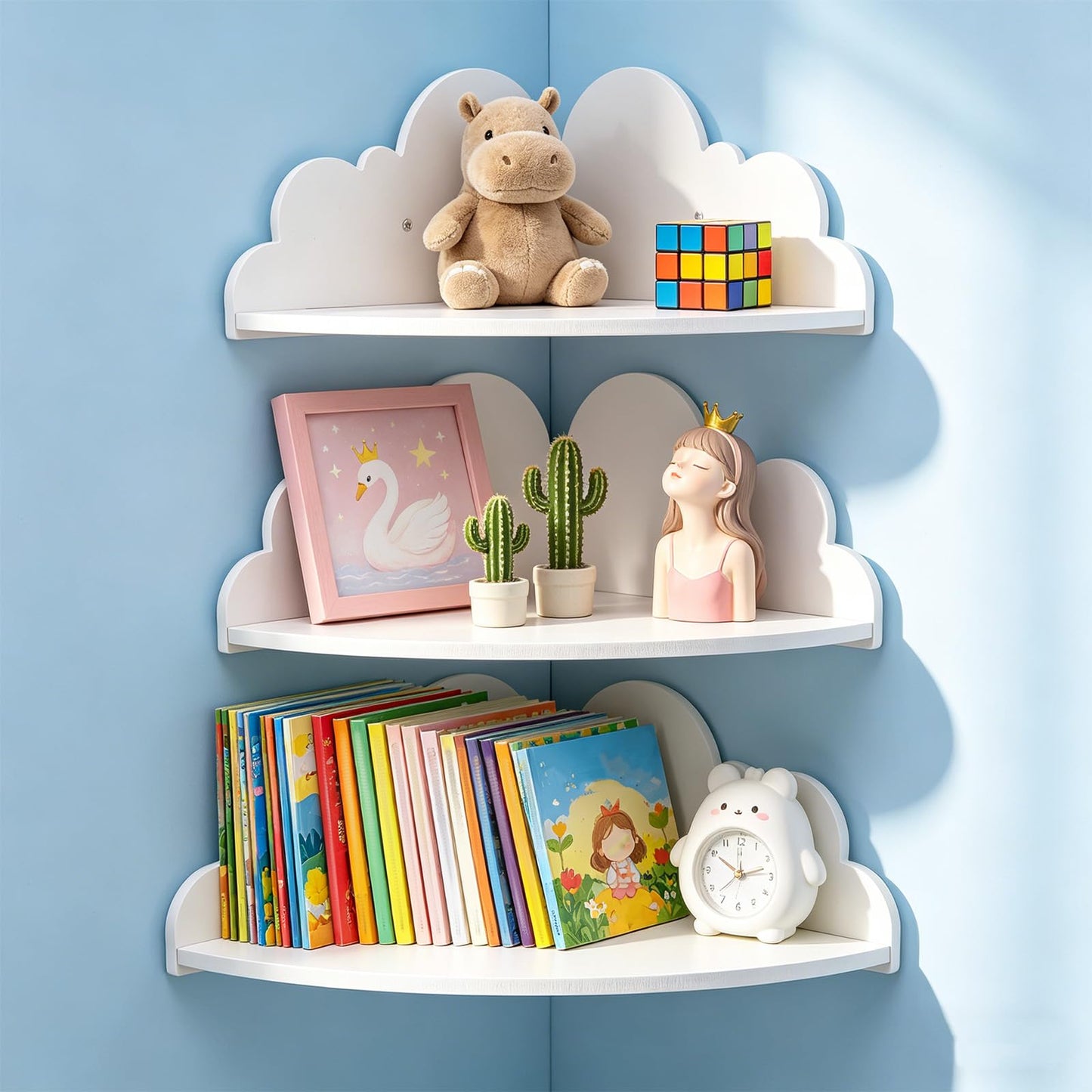 KongTiva Cloud Floating Corner Shelves, Set of 3 Cloud Corner Floating Shelves Wooden Cute Wall Mounted Shelf Clouds Dispaly Shelf for Toys Plants & Storage