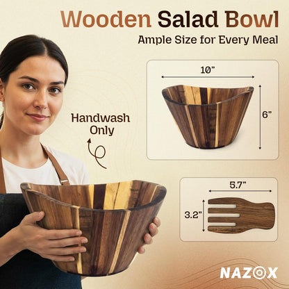 NAZOX Acacia Wood Salad Bowl Set with Serving Hands, 10” Diameter, 6” Height - Handmade, Large Serving Bowl for Salad, Fruit & Pasta - Durable Natural Brown Serveware Gift, Modern Geometric Design
