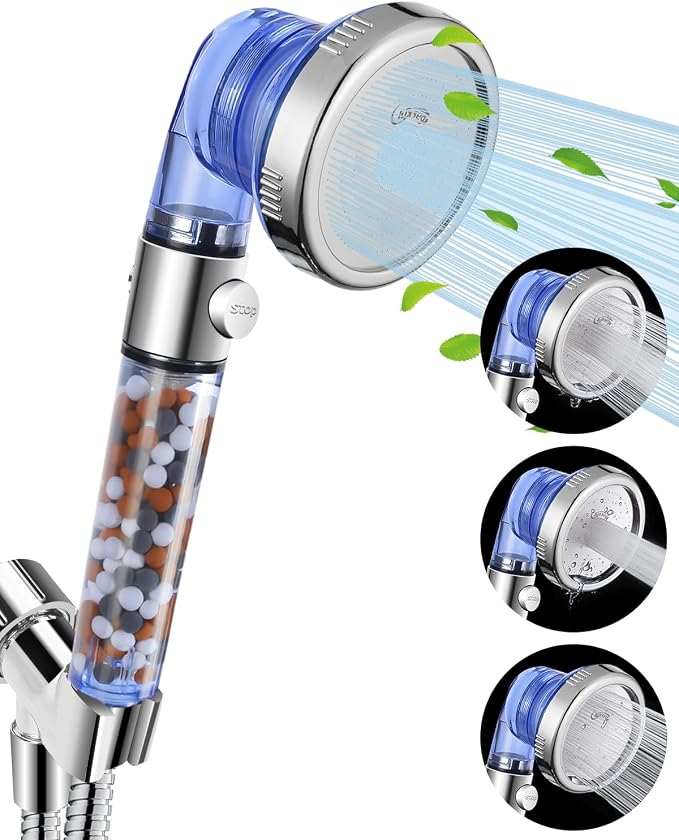 Filtered Shower Head for Hard Water with Stop, High Pressure 4-Mode Shower Heads Built-in Power Spray to Clean Corner, Tub & Pets, Water Softener Handheld Shower to Remove Chlorine & Fluoride
