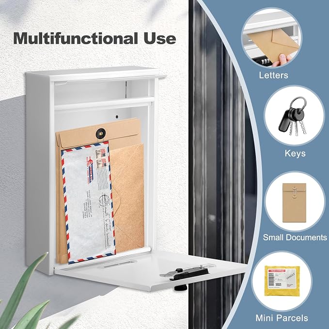 KINGCEPHAS Wall-Mounted Mailbox with Combination Lock,Small Capacity Mail Box for House, Waterproof Postbox,Mailboxes for Outside, 8.5” x 3” x 12.4” (White)