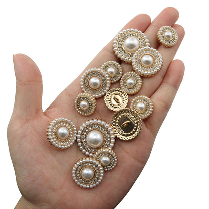 XGNG 16PCS Gold Diamond-Encrusted Pearl Buttons Metal Button Rhinestone Faux Pearl Buttons Embellishments for Coat, Suits, Knitting Sweaters, Sewing Crafting