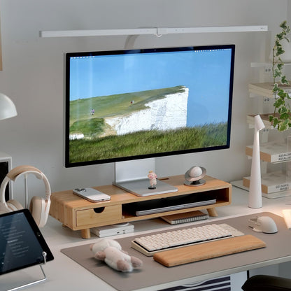 ROCDEER Bamboo Monitor Stand Riser with Drawer, Ergonomic Computer Riser for Desk with Cable Management & Storage Organizer, Wood Monitor Stand for Home Office