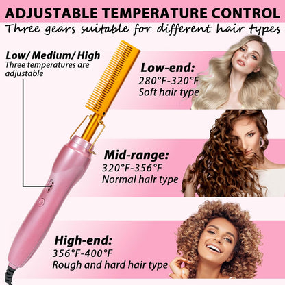 Electric Hot Comb Hair Straightener Heat Pressing Combs Ceramic Curling Flat Iron Curler, Hot Comb Electric for Wigs Electrical Straightening Comb Curling Iron for Natural Hair with Anti-Scald Case