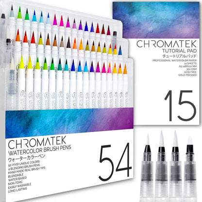 CHROMATEK 54 Watercolor Pens Set | Including 15 Page Pad & Online Video Tutorial Series | 4 Aquapens & 50 Unique Colors | Brush Pens | Easily Blendable, Vivid, Smooth | Professional Art Supplies