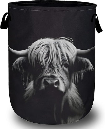 Highland Cow Laundry Basket, Foldable Waterproof Black Laundry Hamper Tote Bag