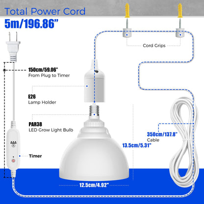 Barrina LED Grow Light Bulb with Timing and Hanging System, 25W Full Spectrum, 4H/9H/14H Timer, Hanging Grow Lights for Indoor Plants with 16.4FT Power Cord, Plug in Pendant Light for Plants